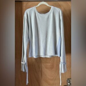 Margaret O’Leary Two-Tone Blue Ribbed Cotton Sweater Bow Sleeve Detail XL